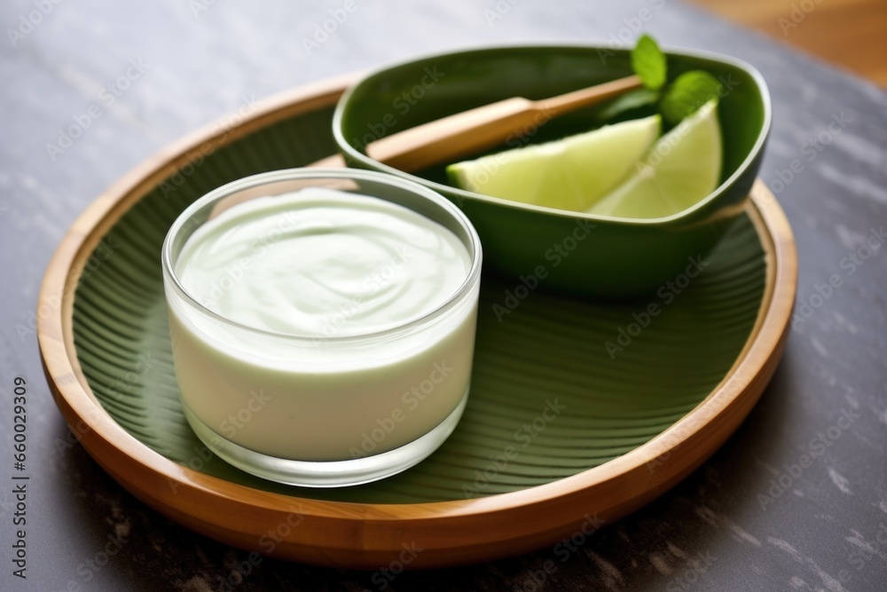 a bowl of yogurt and a sliced avocado for a facial a bowl of yogurt and a sliced avocado for a facial