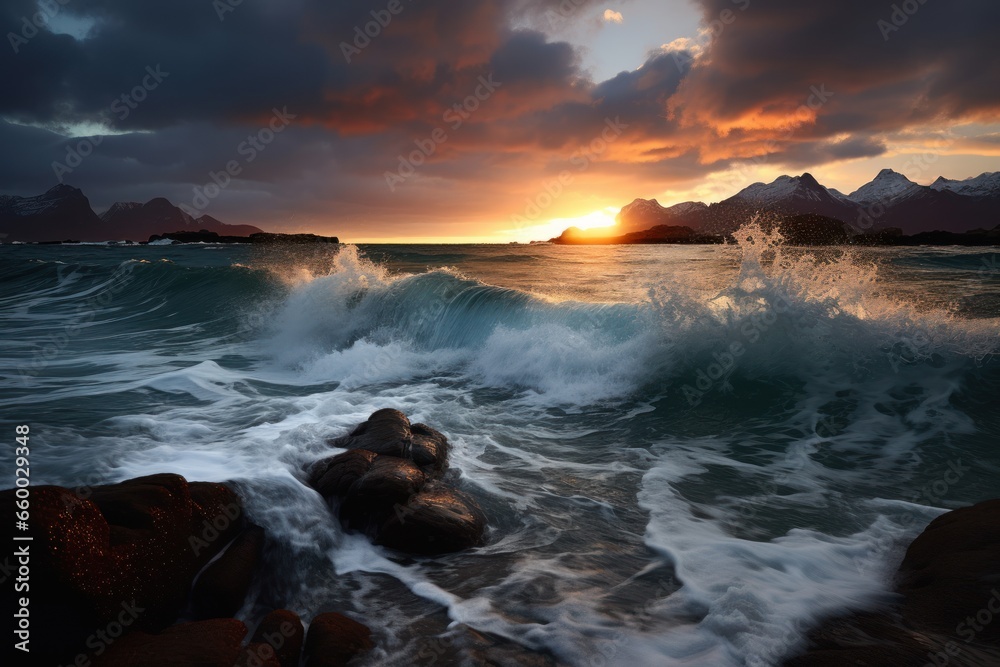 Obraz premium waves crashing on beach during sunset