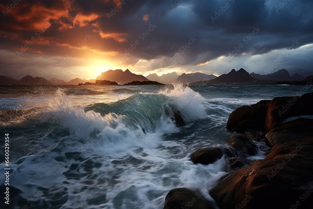 Obraz premium waves crashing on beach during sunset