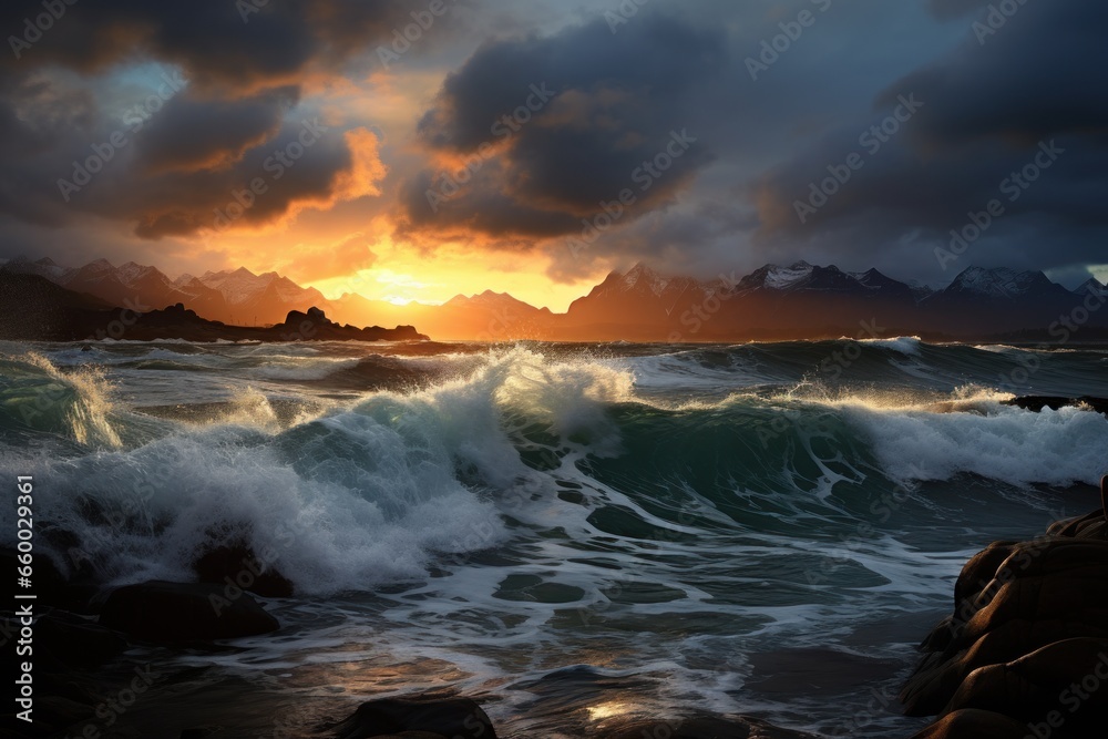 waves crashing on beach during sunset