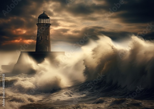 waves crashing against a lighthouse and sea wall,