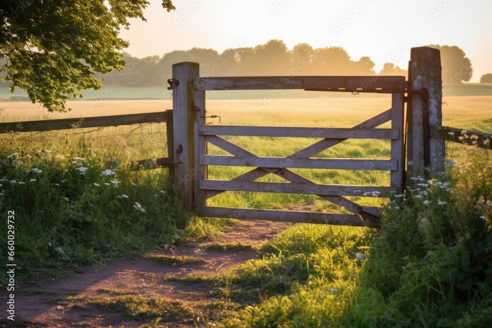 Fototapeta premium rustic wooden gate in a field with pastel sunlight