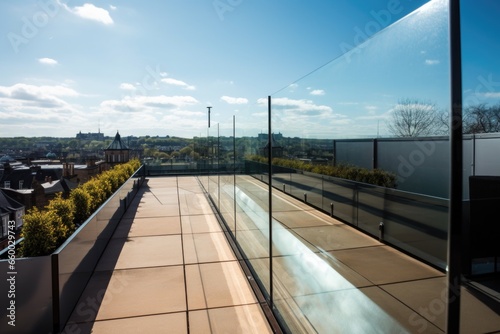 a sleek glass barrier around a rooftop terrace