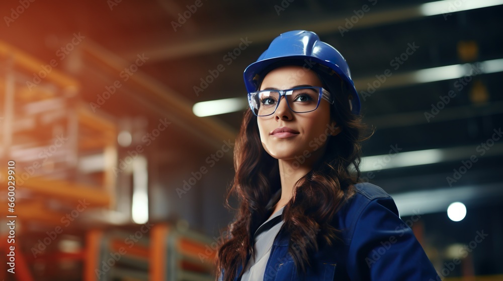 Woman technician standing in factory. Woman technician standing in factory.