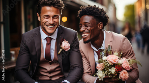 Intimate Gay Wedding: Male Couple Sharing Joyful Moments in Warm, Ambient Lighting