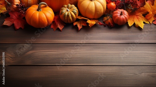 Thanksgiving or autumn scene with pumpkins  autumn leaves and berries on wooden table. Autumn background with copy space. Banner