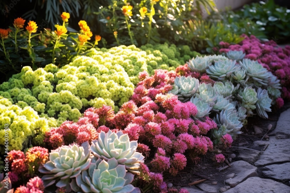 Fototapeta premium bed of various flowering succulents, midday light