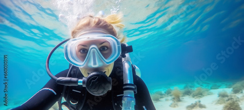 Scuba diver safety woman swimming, pristine white sand under tropical sea clear blue, admiring beautiful coral reef, under water and examines the seabed, deep water near the big reef
