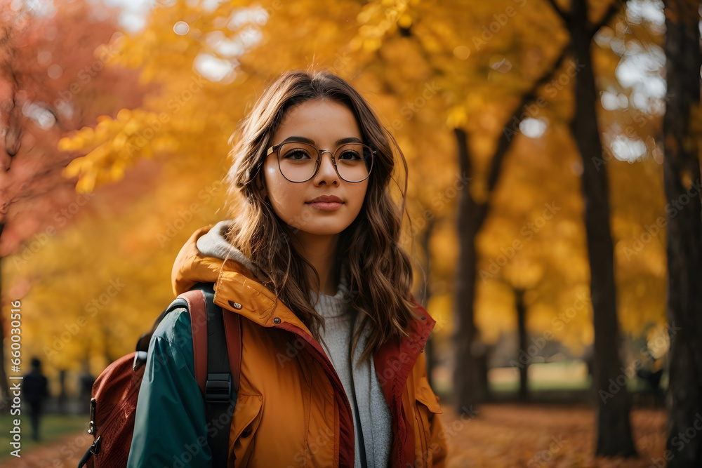 A studious girl with a backpack and glasses, surrounded by the vibrant colors of autumn leaves in the park. A studious girl with a backpack and glasses, surrounded by the vibrant colors of autumn leaves in the park.