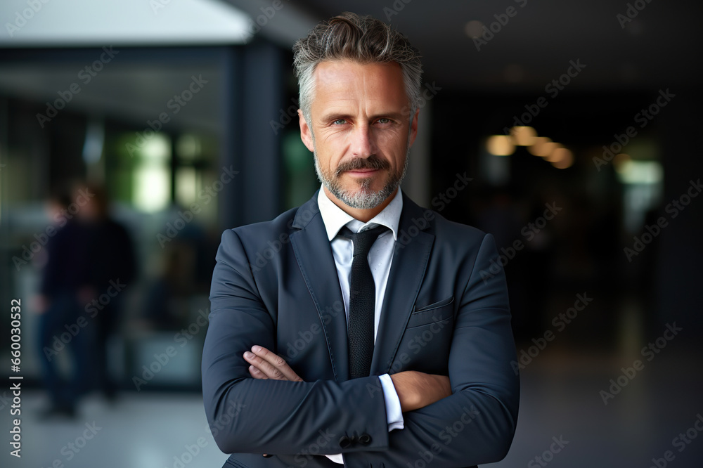 Confident CEO Middle-aged Businessman Leading with Assurance in Office Setting. created with Generative AI Confident CEO Middle-aged Businessman Leading with Assurance in Office Setting. created with Generative AI