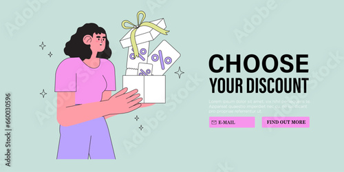 Special offer or big seasonal sale, discounts concept for banner, flyer, web or landing page. Woman shop online and receive personal discount coupon. Character hold gift box with surprise from store.