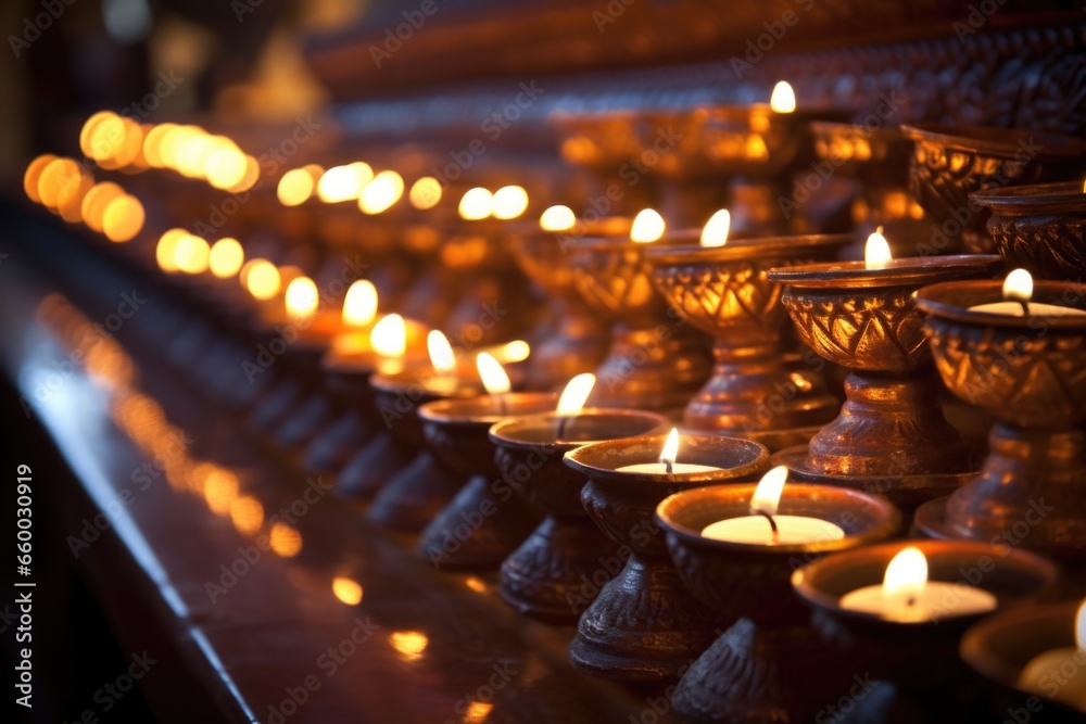 a close-up of candles lit inside a hindu temple - obrazy, fototapety, plakaty 