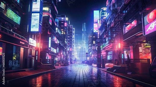 Asian japanese chinese city street science fiction futuristic scifi view by night with lights signs and neon reflecting on wet floor, reworked and enhanced ai generated mattepainting landscape