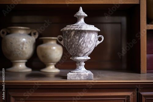 a close view of a marble urn on a wooden shelf