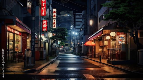 Asian japanese chinese city street view by night with beautiful lights sign and neon reflecting on wet floor, reworked and enhanced ai generated mattepainting landscape