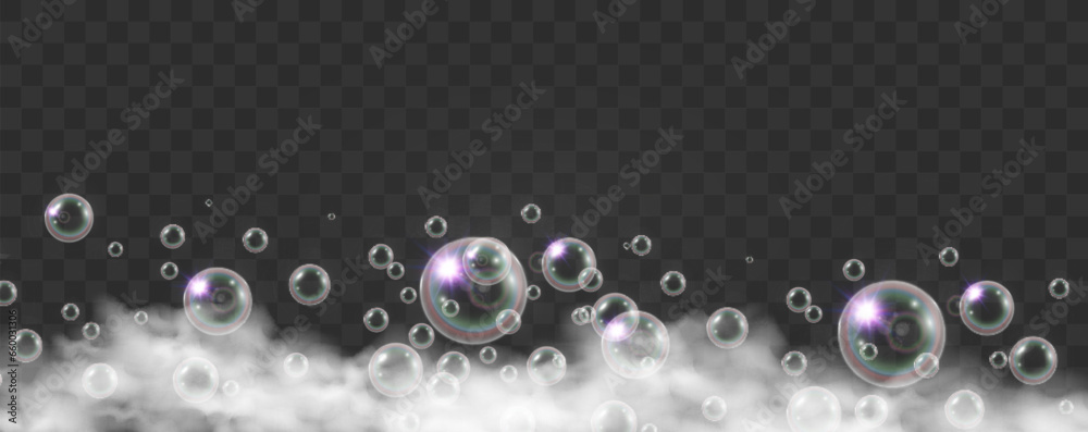 Air bubbles on a transparent background. Soap foam vector illustration.	

