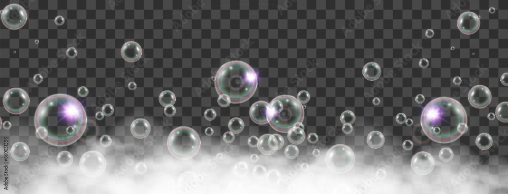Air bubbles on a transparent background. Soap foam vector illustration.
Air bubbles on a transparent background. Soap foam vector illustration.