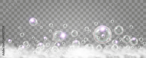 Air bubbles on a transparent background. Soap foam vector illustration.	

