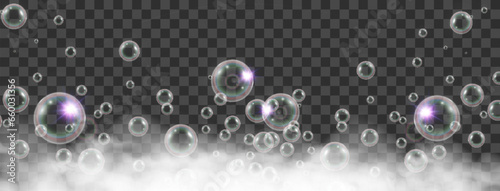 Air bubbles on a transparent background. Soap foam vector illustration.	

