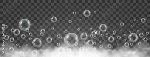 Air bubbles on a transparent background. Soap foam vector illustration.	

