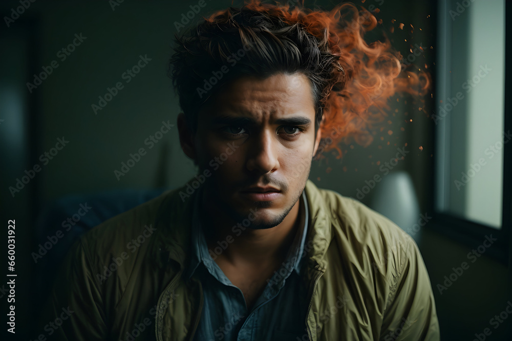 A visually striking depiction of a man struggling with mental disorders, his face a canvas of emotions as he grapples with the complexities of his mind. - obrazy, fototapety, plakaty 