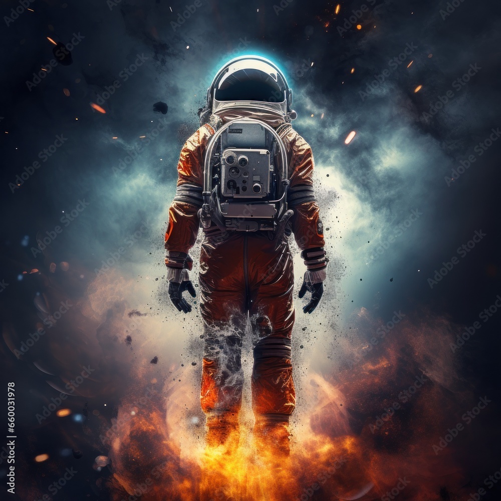 astronaut in space with his back turned in high quality with fire shining