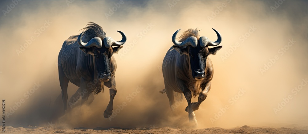 Wildebeest battle in dusty Kalahari South Africa With copyspace for text - obrazy, fototapety, plakaty 