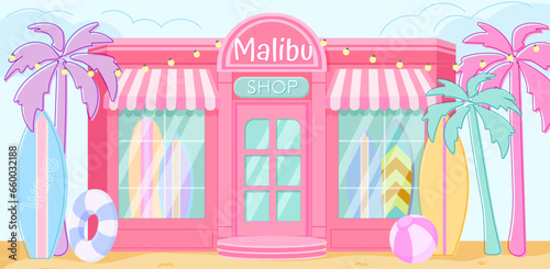 Cartoon Beach Shop front view. Pink barbiecore trendy cafe building. Girl Birthday backdrop. Malibu surf store background. Pink doll aesthetic. 