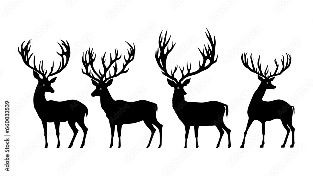 Deer, Elks in Different Poses in Black Silhouette on White Background. Vector Deer, Elks in Different Poses in Black Silhouette on White Background. Vector