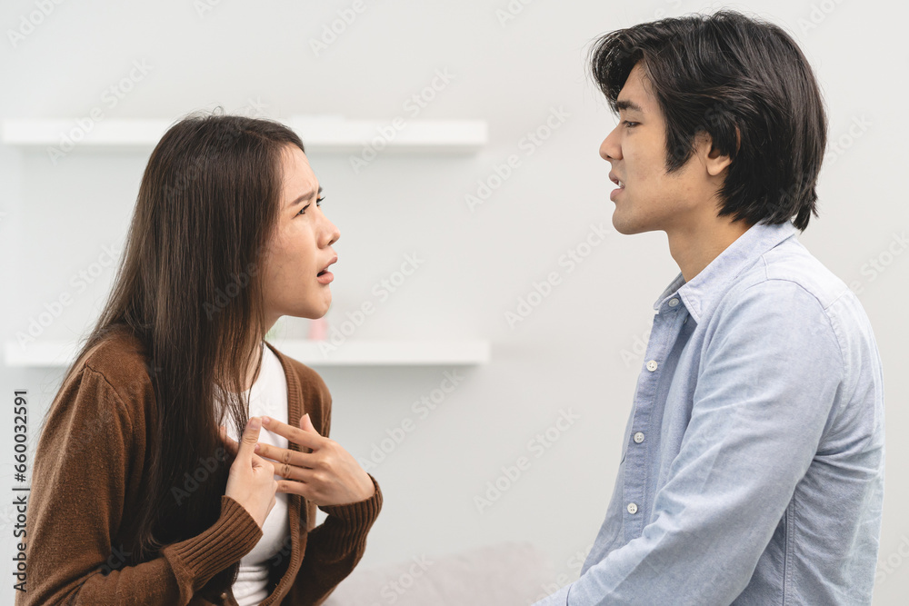 Family problems, Asian couple quarrel together at home. woman angry on man and man feel annoy. Family problems, Asian couple quarrel together at home. woman angry on man and man feel annoy.