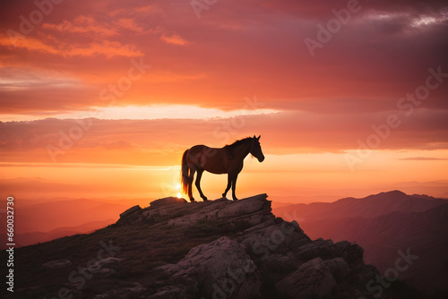 The sun sets behind a lone wild horse, perched atop a rocky mountain peak, its silhouette a striking contrast against the vibrant orange and pink sky, special concept for international horse day. © Naveen