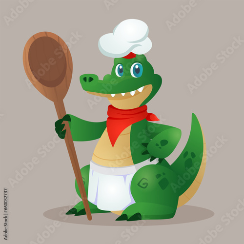 Cartoon crocodile chef with big wodden spoon. Vector character in chef hat and apron for game. children book, education, web or advertisign