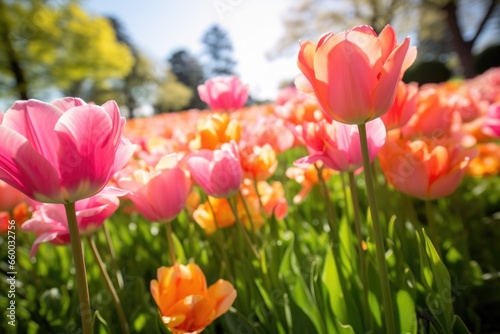 cluster of tulips in a field