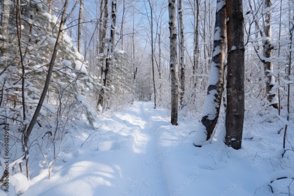 trail disappearing into thick, snowy, winter woods trail disappearing into thick, snowy, winter woods