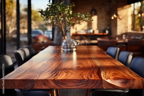 Table vide pour montage photo de restaurant, belle table en bois massif avec une jolie plante en bout de table photo