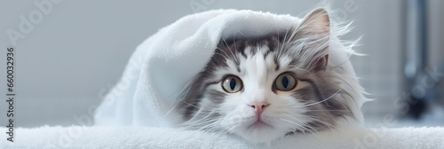 banner happy wet cat wrapped in white towel after bath at home, kitten washed, cute kitten, goods for treatment for domestic pets, grooming salon. photo