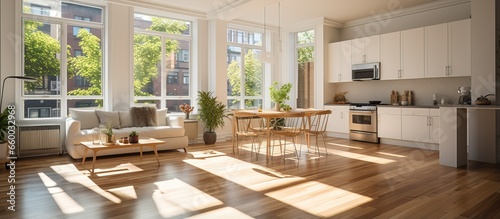 An apartment with wood floors white walls hardwood flooring and large windows housing a kitchen and living room