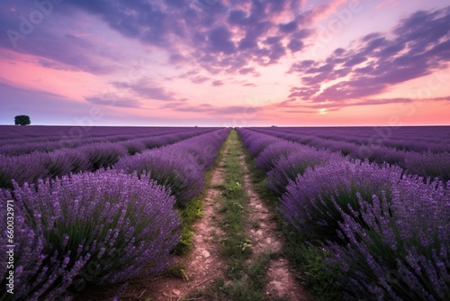 a trail leading through an endless field of lavender