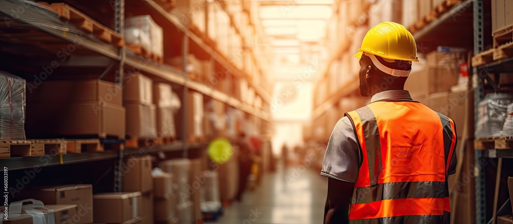 Warehouse worker wearing safety gear standing near shelves With copyspace for text