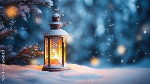 Christmas lantern on snow in evening scene with winter forest background.