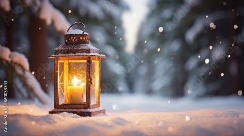 Christmas lantern on snow in evening scene with winter forest background.