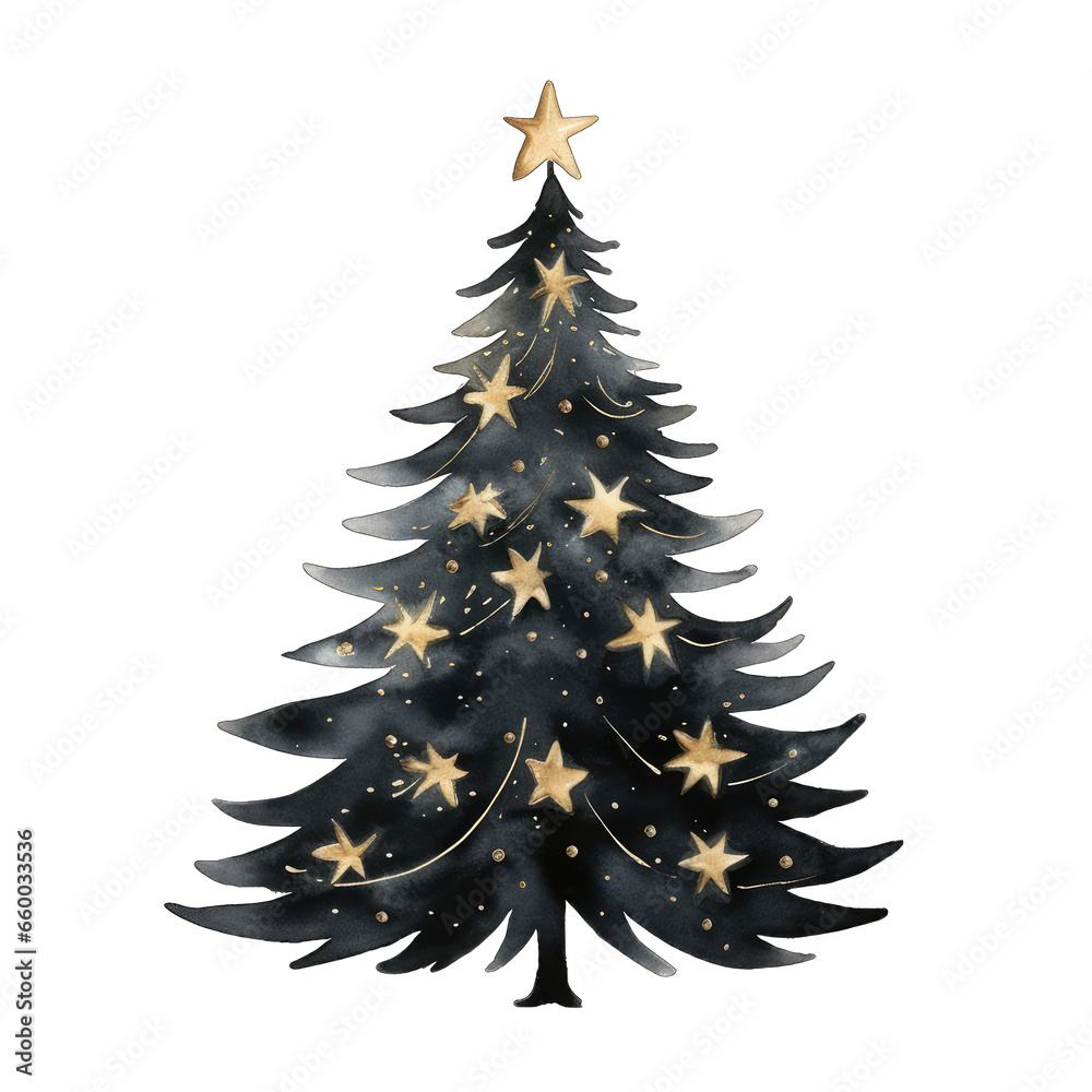 Obraz premium Black and gold, glittery christmas tree isolated on white