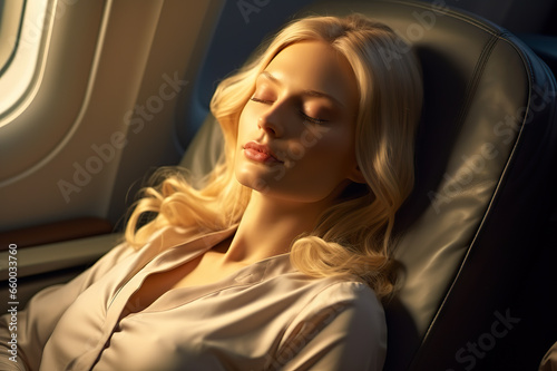 Beautiful Blond Woman Resting Peacefully in Airplane Business Class Seat. created with Generative AI