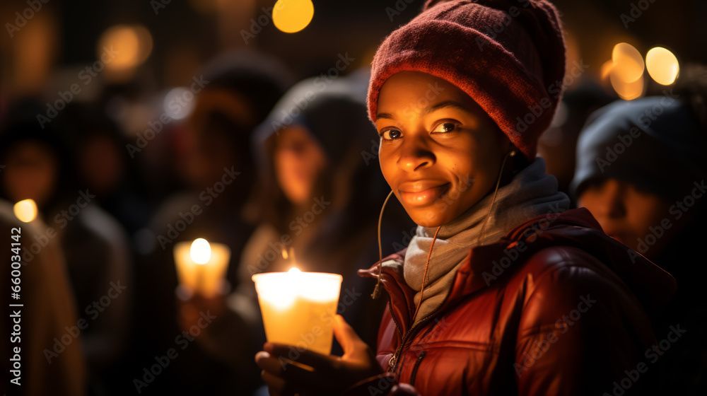 Candle of Peace: Heartfelt Close-up of a Peace Activist Lighting a Vigil Candle - obrazy, fototapety, plakaty 