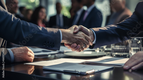 Diplomatic Dialogue: Moving Close-up of Diplomats Shaking Hands at Negotiation Table