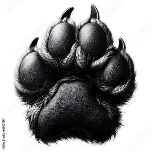 Hairy paw of a black and white dog, isolated, front view