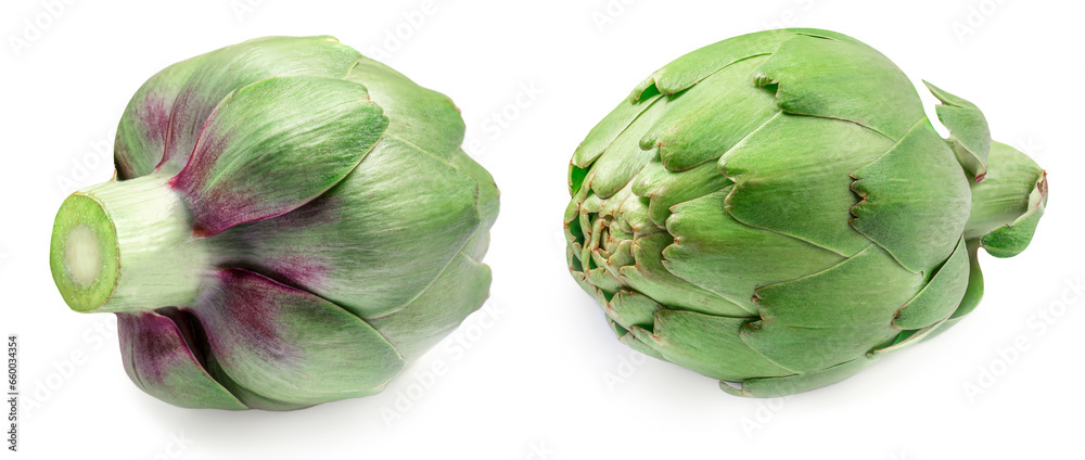 Naklejka premium Fresh Artichokes isolated on white background closeup. Artichok creative layout.