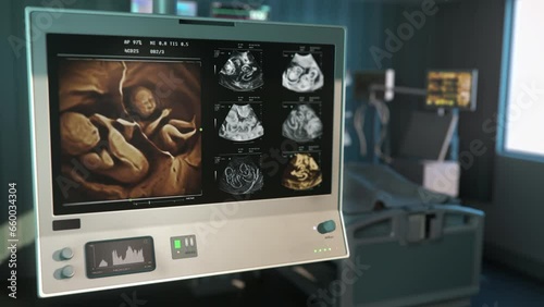 Examination screening test of the children in the womb at the clinic ward. Modern Clinic Screening machine examining the health of unborn twins. Clinic Screening test examining children condition.