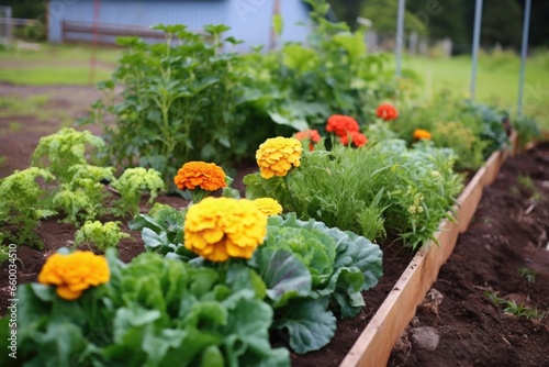 Fototapeta Naklejka Na Ścianę i Meble -  a bunch of marigolds planted among vegetables