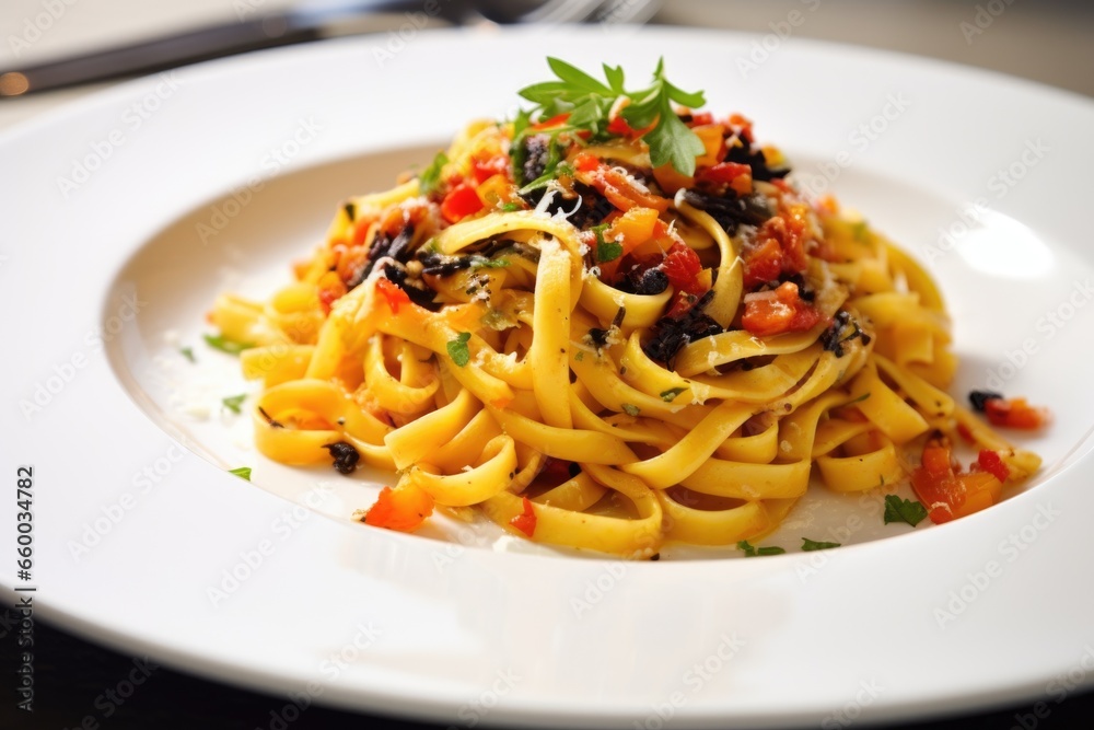 close up shot of italian pasta on a white plate